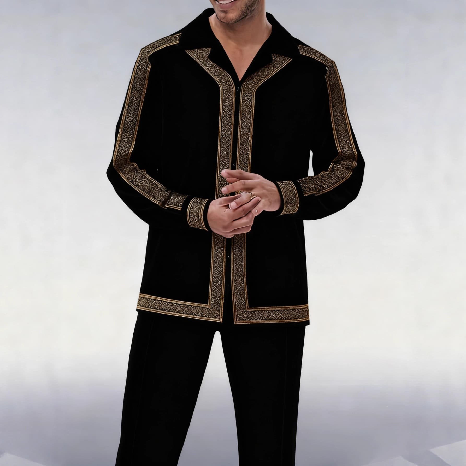 Men's Light Luxury Black and Gold Cuban Collar Shirt Set, Comfortable and Stylish, Suitable for Business Casual Occasions