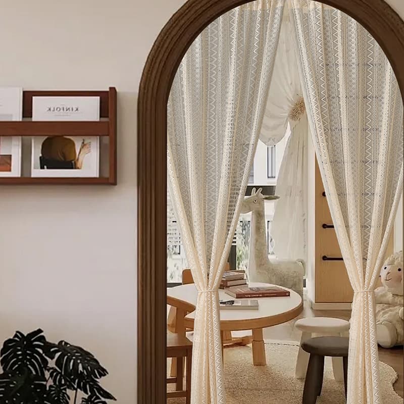 Cross-border French Cream Style Vintage Lace Curtain, No-Drilling, Arch Door Sheer Curtain for Bedroom Living Room Partition Door Curtain