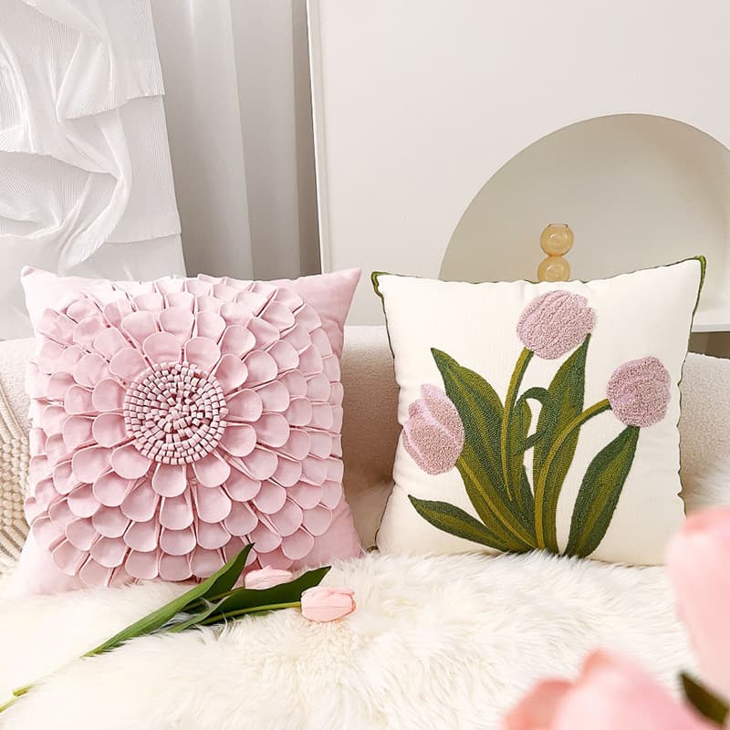 Nordic Floral Throw Pillow Pink Tulip Cushion for Women Sofa Living Room Window Seat Pure Cotton Backrest New