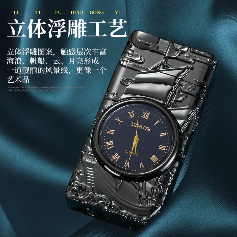 HF2216 Rechargeable Dual Arc Lighter with Flashlight, Real Watch Battery Display, Dolphin Design, Gift for Boyfriend
