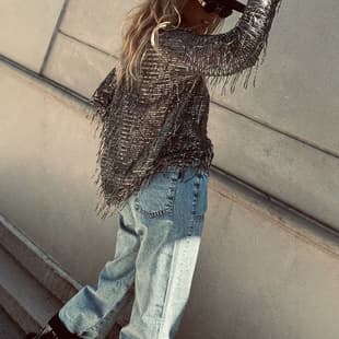Distressed Shaggy Fringe Crew Neck Blouse