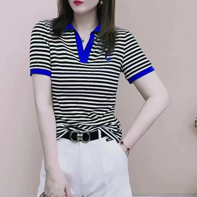 95% Cotton T-Shirt Women's Summer Polo Shirt 2026 New Style 95% Cotton Short Sleeve Turn-down Collar Fashionable Middle-aged Mother Top