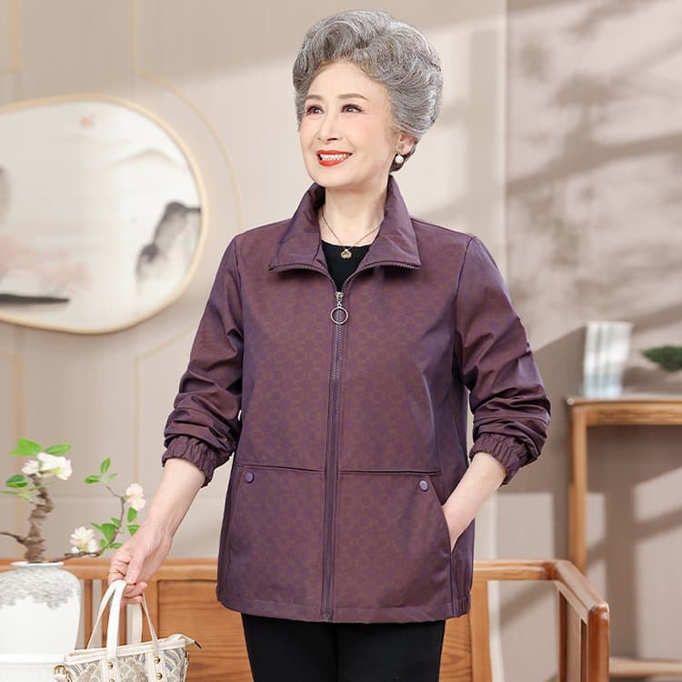 Middle-aged and elderly women's spring and autumn purple jackets, large size loose slimming mom's casual tops, fashionable