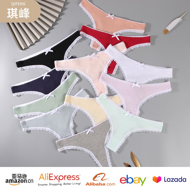 Cross-border Trade Simple Solid Color Women's Thong Sporty Breathable Lace Trim Sexy Thong Ribbed Thong