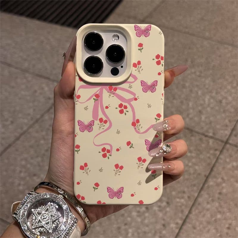 Pink Butterfly Rose Phone Case for iPhone 17 Pro Max/16/15, Apple 13/12/11 Glutinous Rice Case 17