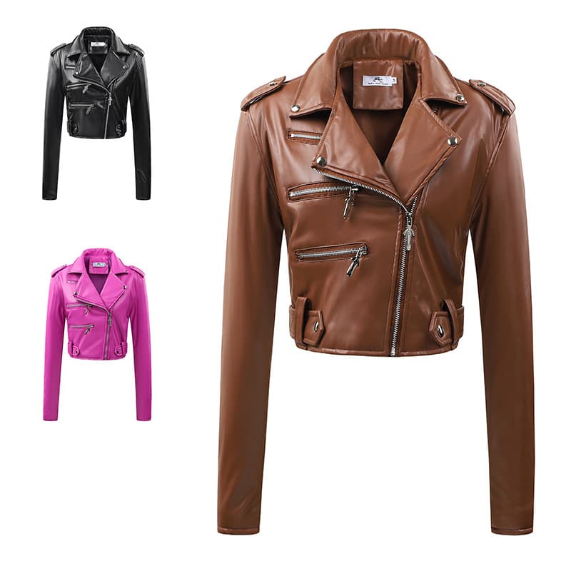 Amazon cross-border casual versatile European and American long-sleeved women's leather jacket pu leather jacket short jacket women's motorcycle jacket