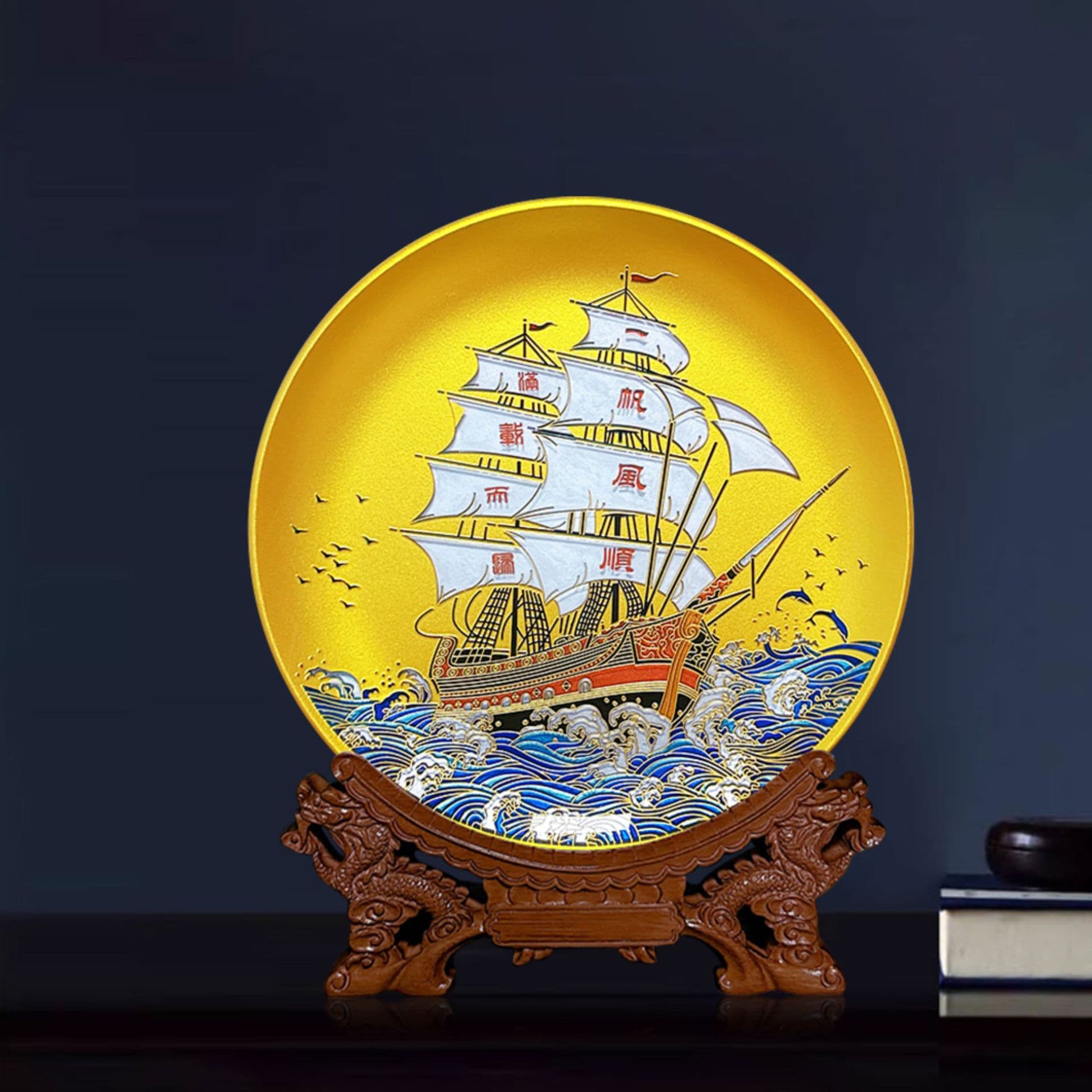 Baifu Ten-Year Manufacturer Smooth Sailing and Full Return Crystallized Glass Fine Carving Hand-Painted Display Plate Craft Commemorative Plate