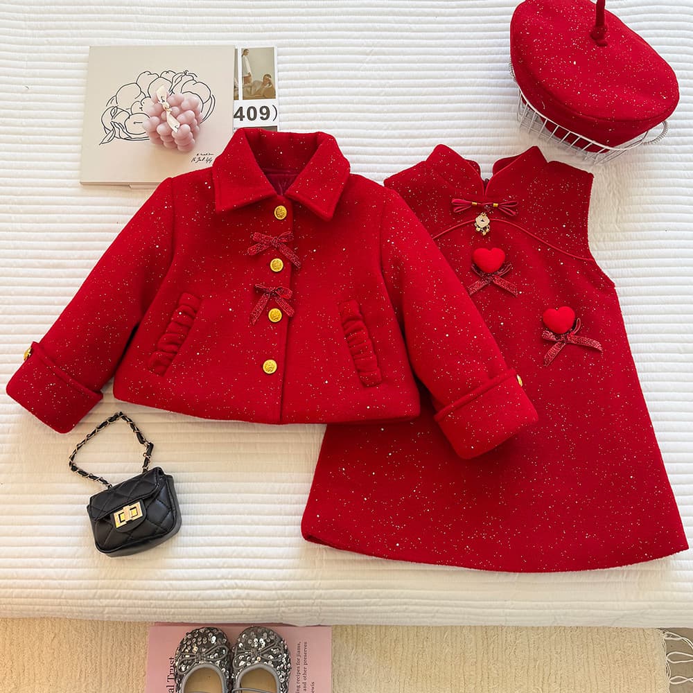 Girls' Chinese style velvet suit winter little girl's new Chinese style bow coat vest skirt two-piece set