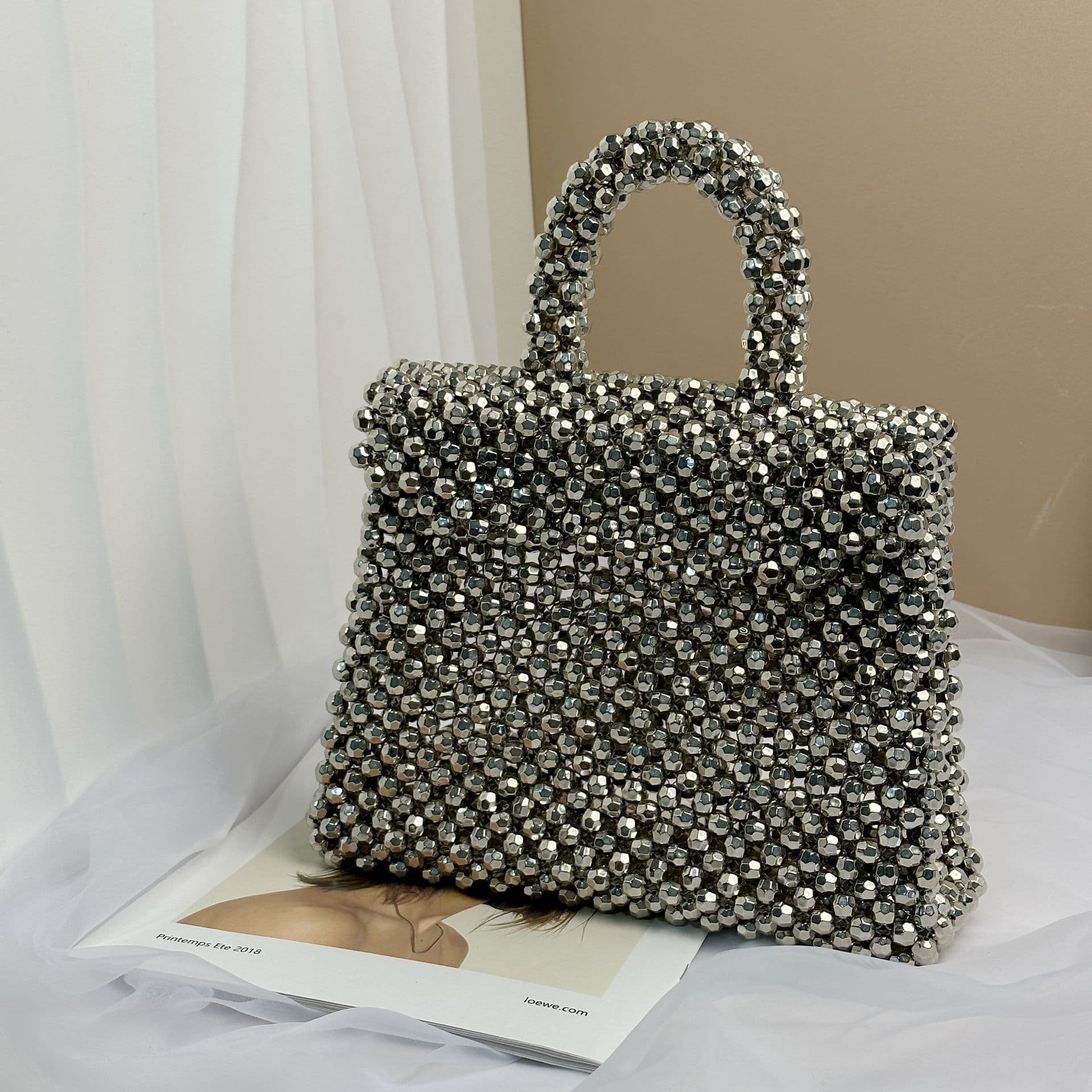 Cross-border new product luxury imitation silver portable large-capacity women's bag hand-woven beaded European and American retro handbag
