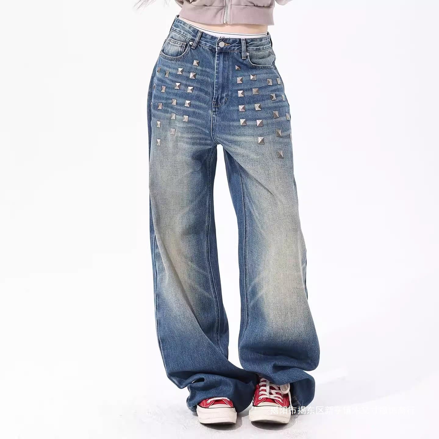 Cross-border American design splicing jeans for men and women spring trend retro niche heavy industry Liu Ding