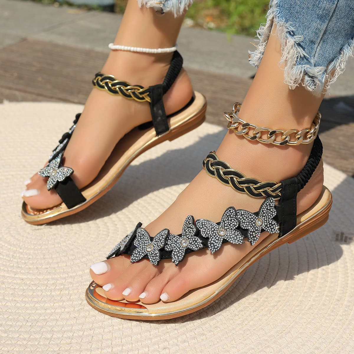 Cross-Border Plus Size Women's Sandals, 2026 New Summer Flat Butterfly One-Strap Rhinestone Sandals, Fashionable Casual Sandals