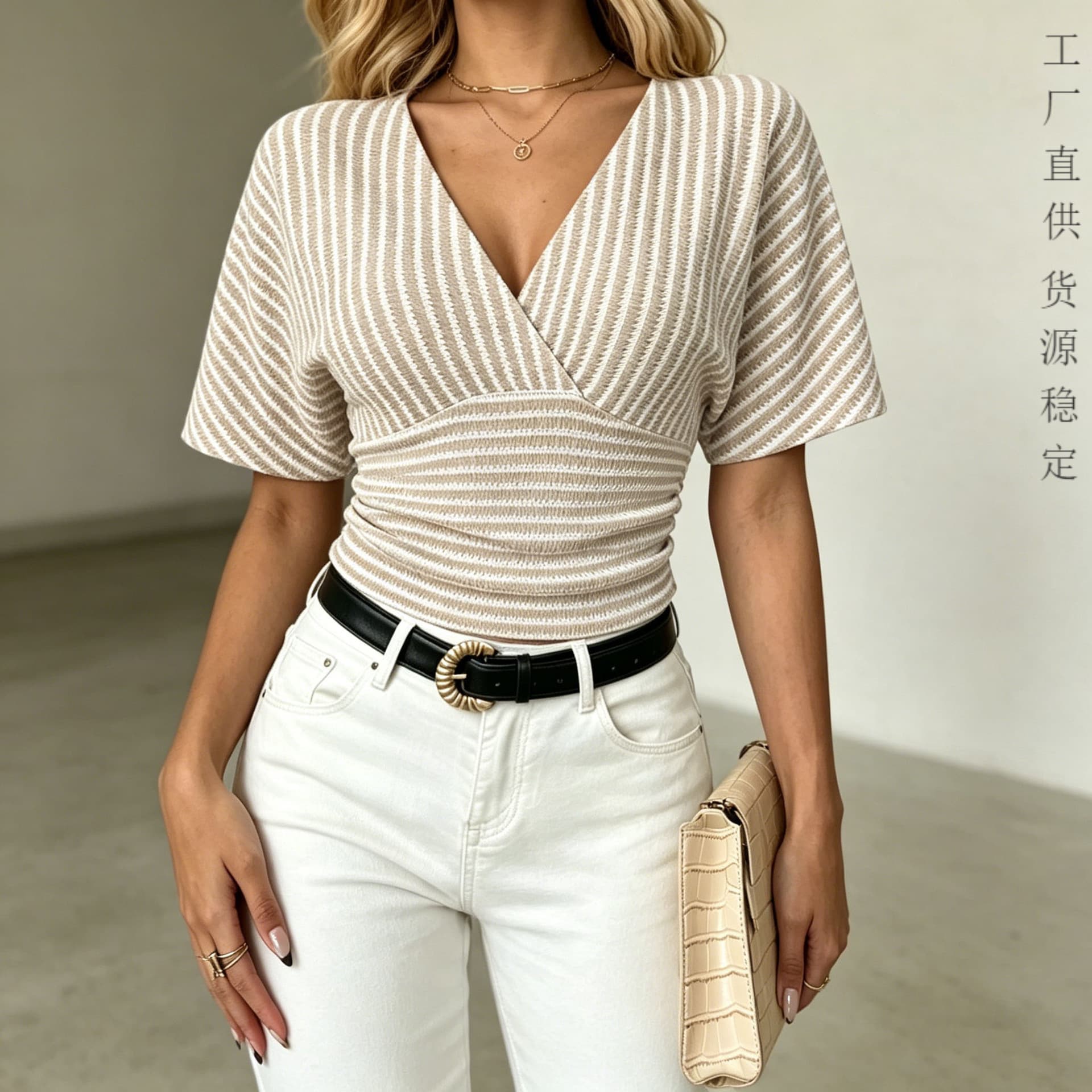 Best-selling Women's Deep V-Neck Striped Pleated Slim Fit Fashion Versatile Short Sleeve Top for Cross-Border Trade, Wholesale Stock Available