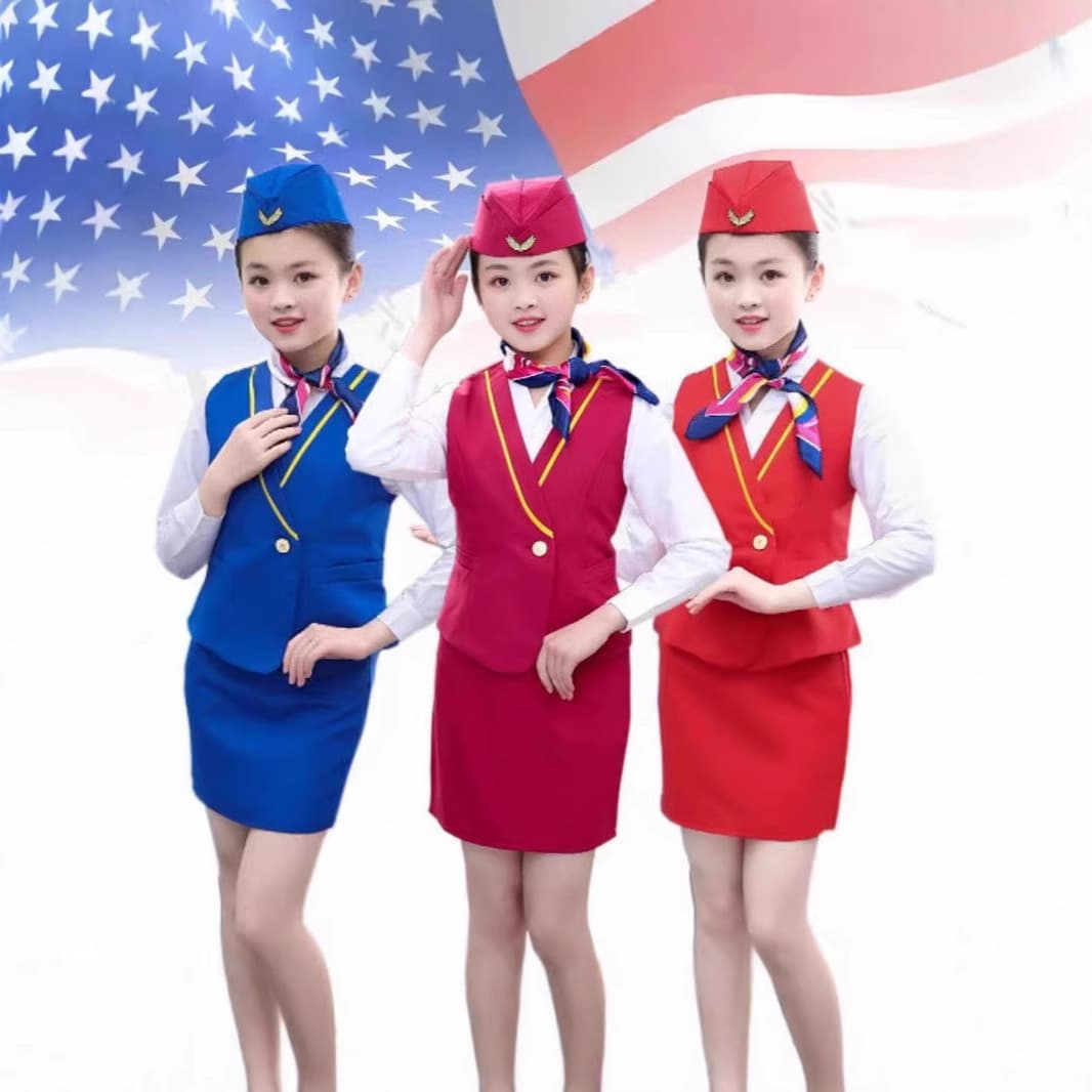 Children's Chinese Captain Flight Attendant Uniform, Elementary School Student Vest, Air Crew, Flight Steward, Pilot Runway Show Performance Professional Clothing