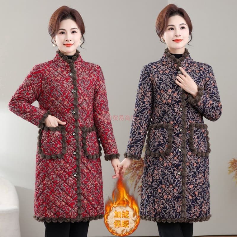 Fashionable Middle-Aged and Elderly Women Winter Mid-Length New Fleece-Lined Thickened Cotton Coat, Stylish Warm Cotton Jacket Outerwear