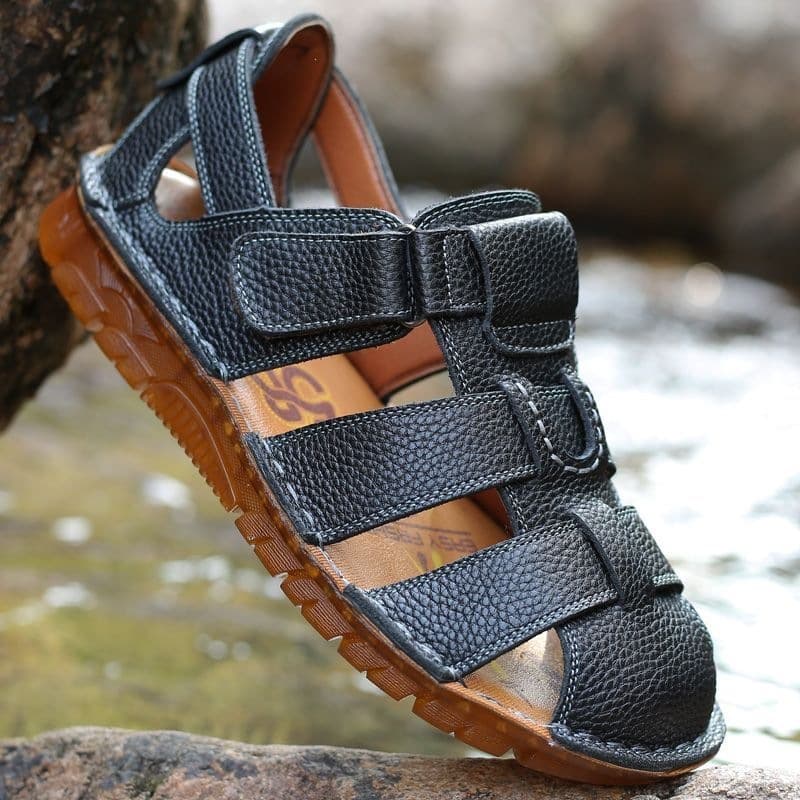 Summer Sandals Men Genuine Leather Breathable Casual Outdoor Closed-Toe Sandals Slip-resistant Wear-resistant Beach Shoes Black Brown Yellow