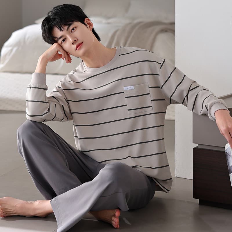 Men's Spring/Autumn Cotton Long-Sleeve Round-Neck Pullover Casual Loungewear Set, Simple and Relaxed, Suitable for Home or Outing