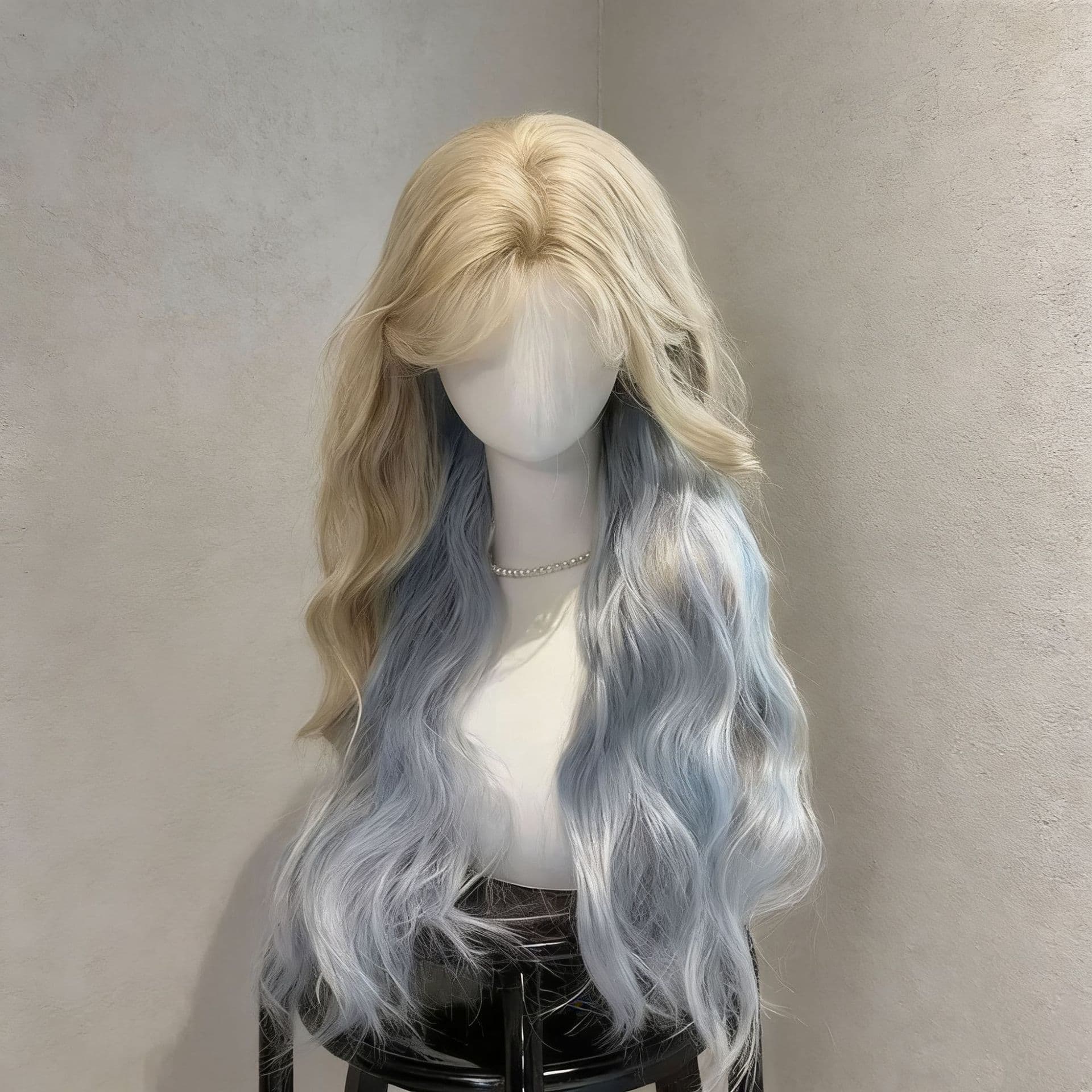 Forehead lace platinum gradient blue middle-parted long curly hair full wig for women lolita curly hair natural simulation wig set