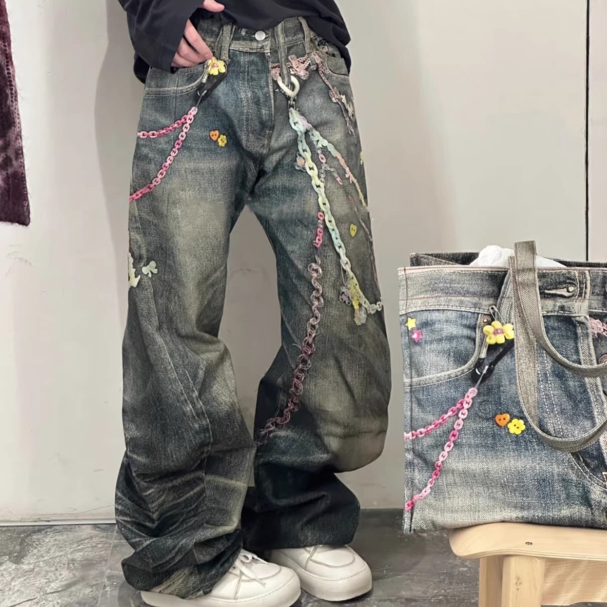 [AC Niu Wang 25SS] 2006F Candy Chain 3D Illusion Print Unisex Curved Blade Denim Pants