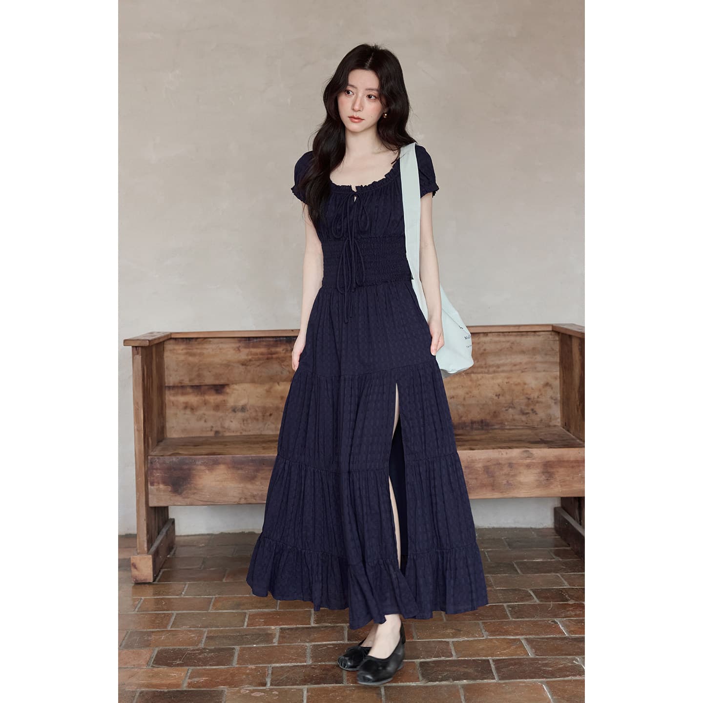 Ximeng new summer Korean style good-looking skirt travel black puff sleeves long slit dress