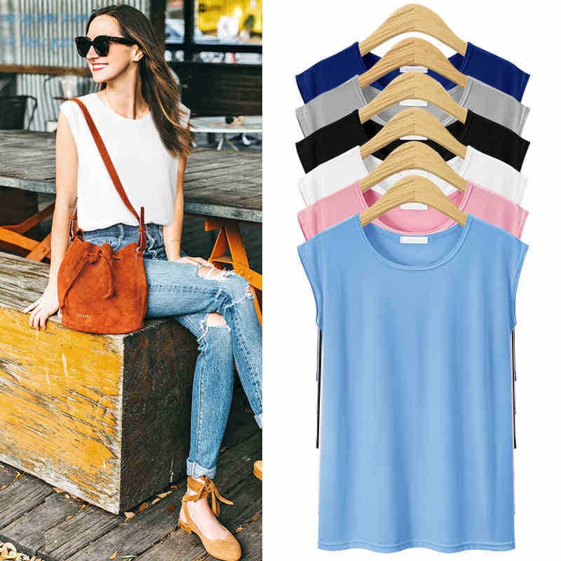 Extra Large Summer 150kg Casual Sleeveless T-Shirt Women's Loose Solid Color Top Large Size Round Neck Bottoming T-Shirt Regular Thin