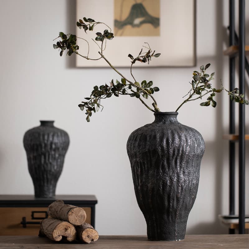 Jingdezhen Black Premium Handmade Ceramic Vase for Living Room Wabi-Sabi Zen Decorative Ornament Hydroponic Flower Vase