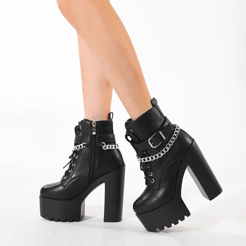 European and American Platform Chunky Heel Short Boots for Women, 14CM Ultra-High Heel, Spring and Autumn Women's Shoes, Stage Chunky Heel Martin Boots with Chain