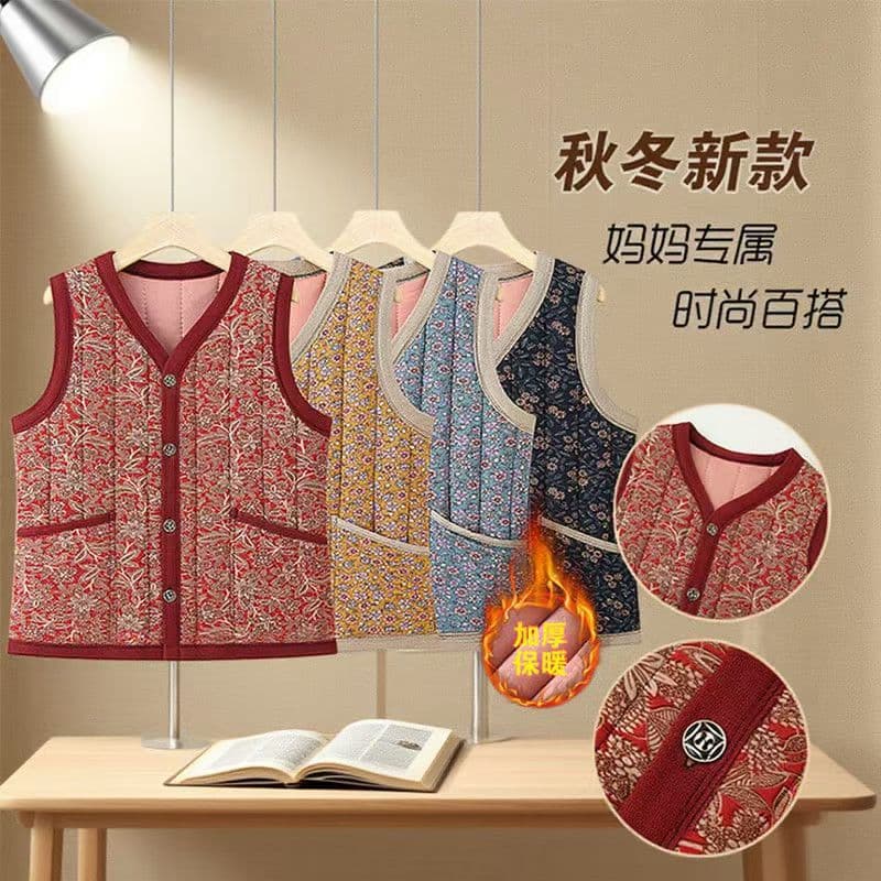 Grandma Style Middle-aged and Elderly Women's Vest Autumn/Winter New Thickened Warm Cotton Vest Mother's Vest Cardigan