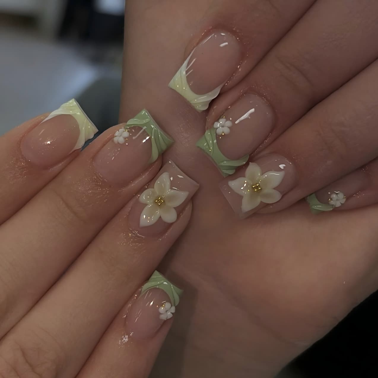 Fresh matcha green French wear nails three-dimensional embossed flower gold beads cross-border foreign trade simple false nails 24 pieces