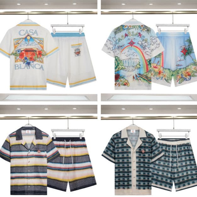 New Export Casablanca Knit Short Sleeve Shirt, Beach Casual Logo Print Casa Men's and Women's T-Shirt Set