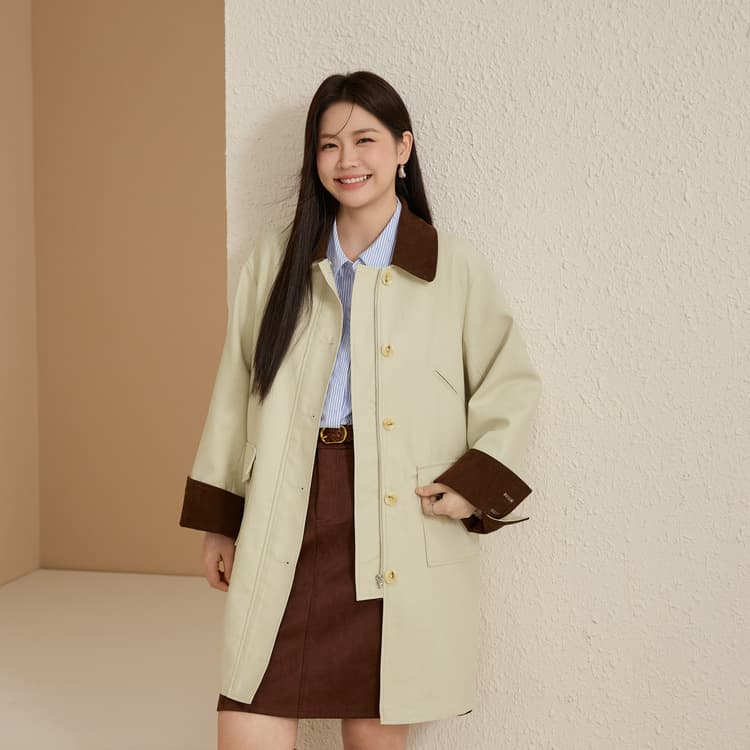 [Corduroy spliced design trench coat] Xianlixiu plus-size women's wear intellectual elegant jacket for fat mm autumn new
