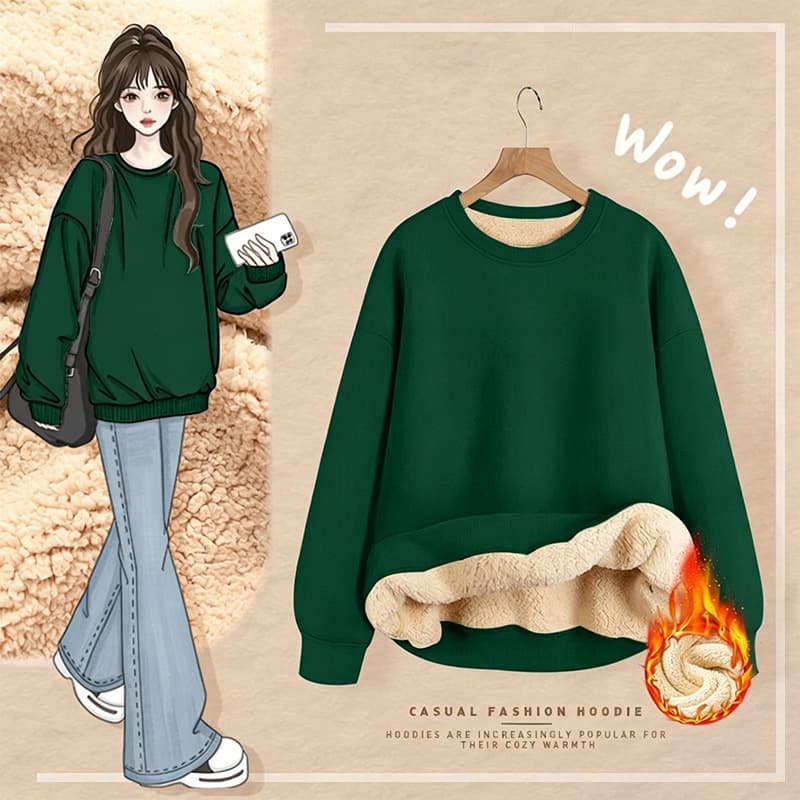 Simple Autumn/Winter Women's Fleece-Lined Sweatshirt, Warm Thick Inner Top, Fashionable Outfit for 16-Year-Old Girls