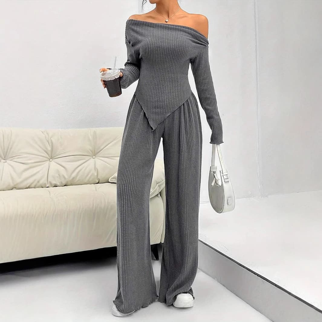 2024 Autumn/Winter New Fashionable Casual Knit Suit Women's One-Piece Wide-Leg Trousers 2-Piece Set Cross-Border Style