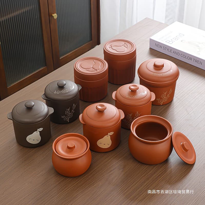 Purple clay pear roasting ceramic stew jar, commercial and home use with double lids for oven or charcoal heating.