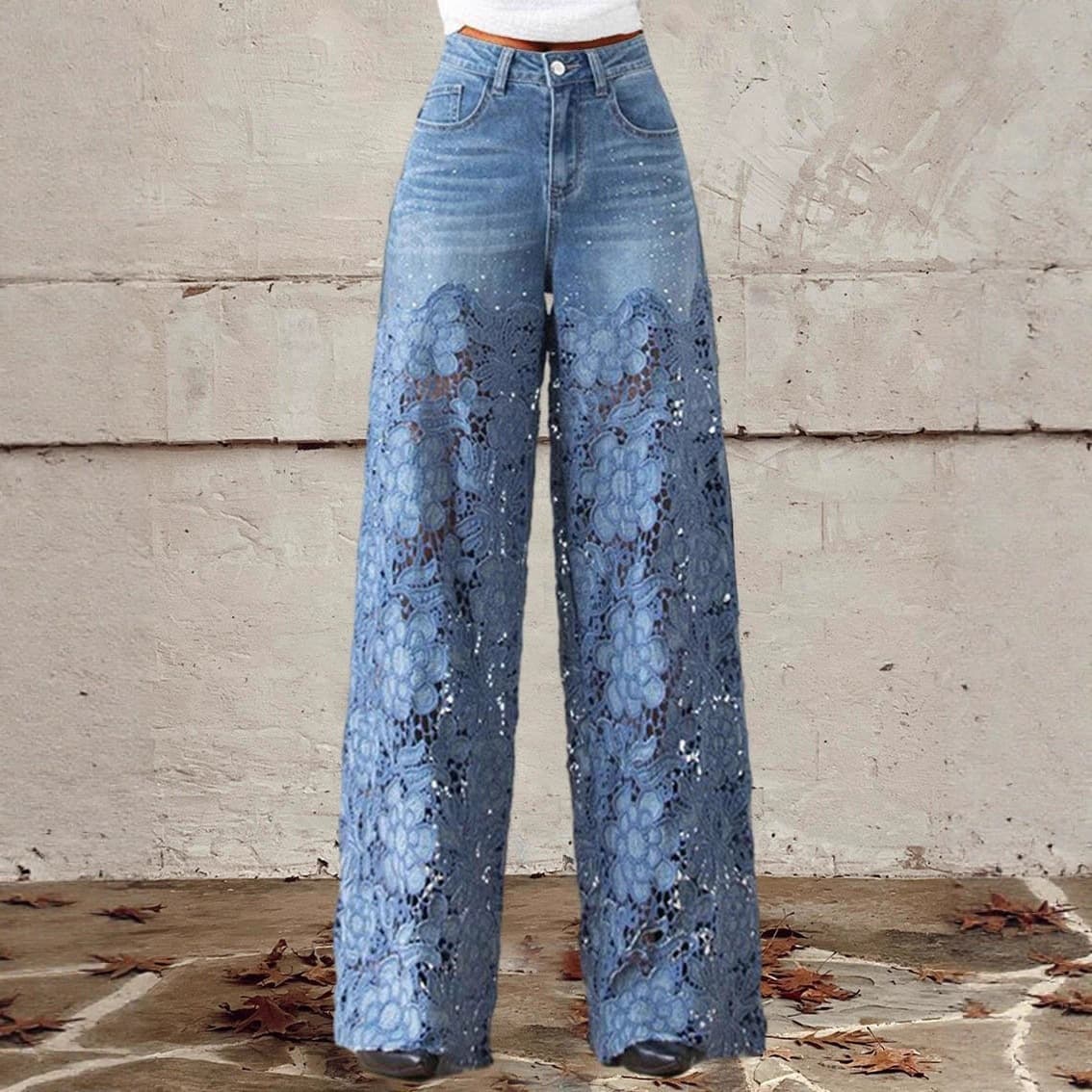 Factory Direct Hot-Selling 3D Digital Print Faux Denim Women's Wide-Leg Pants Women's Flared Slim Fit Long Pants Versatile