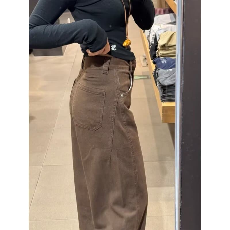 American Retro Coffee Wide Leg Jeans for Women Autumn Winter New Plus Size High Waist Design Straight Leg Curved Jeans