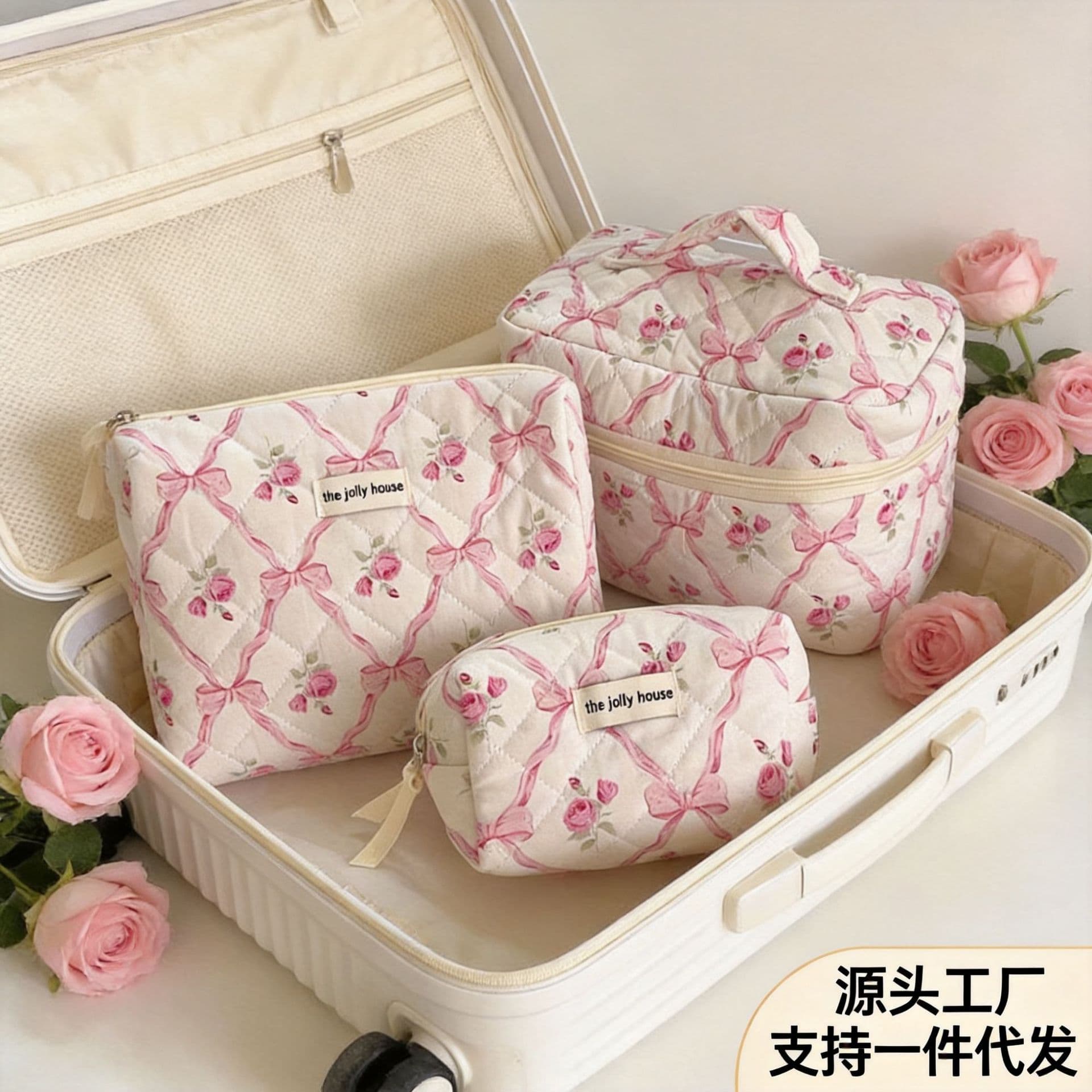 Bow Flower Makeup Bag Large Capacity Toiletry Bag Palace Style Quilted Storage Bag Portable Soft Handbag