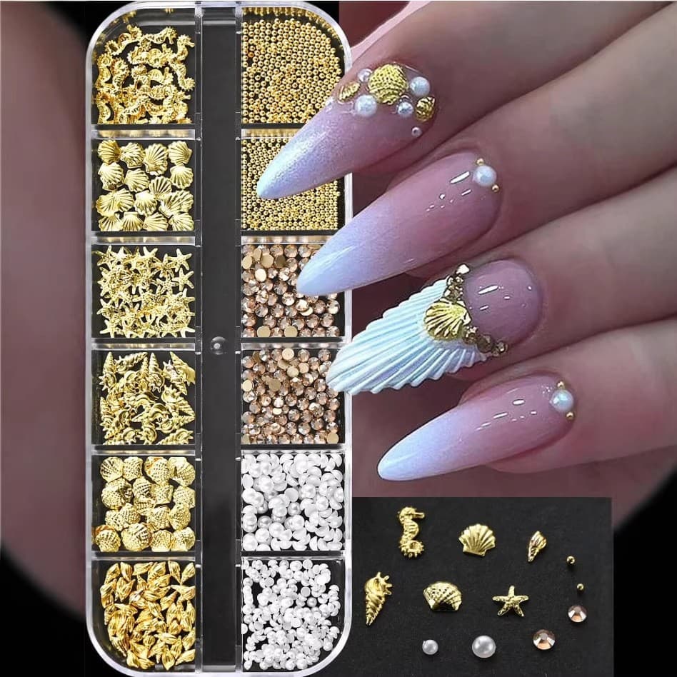 Cross-border 12-frame nail art jewelry gold alloy flat bottom semi-circle pearl light luxury style ins style DIY accessories set