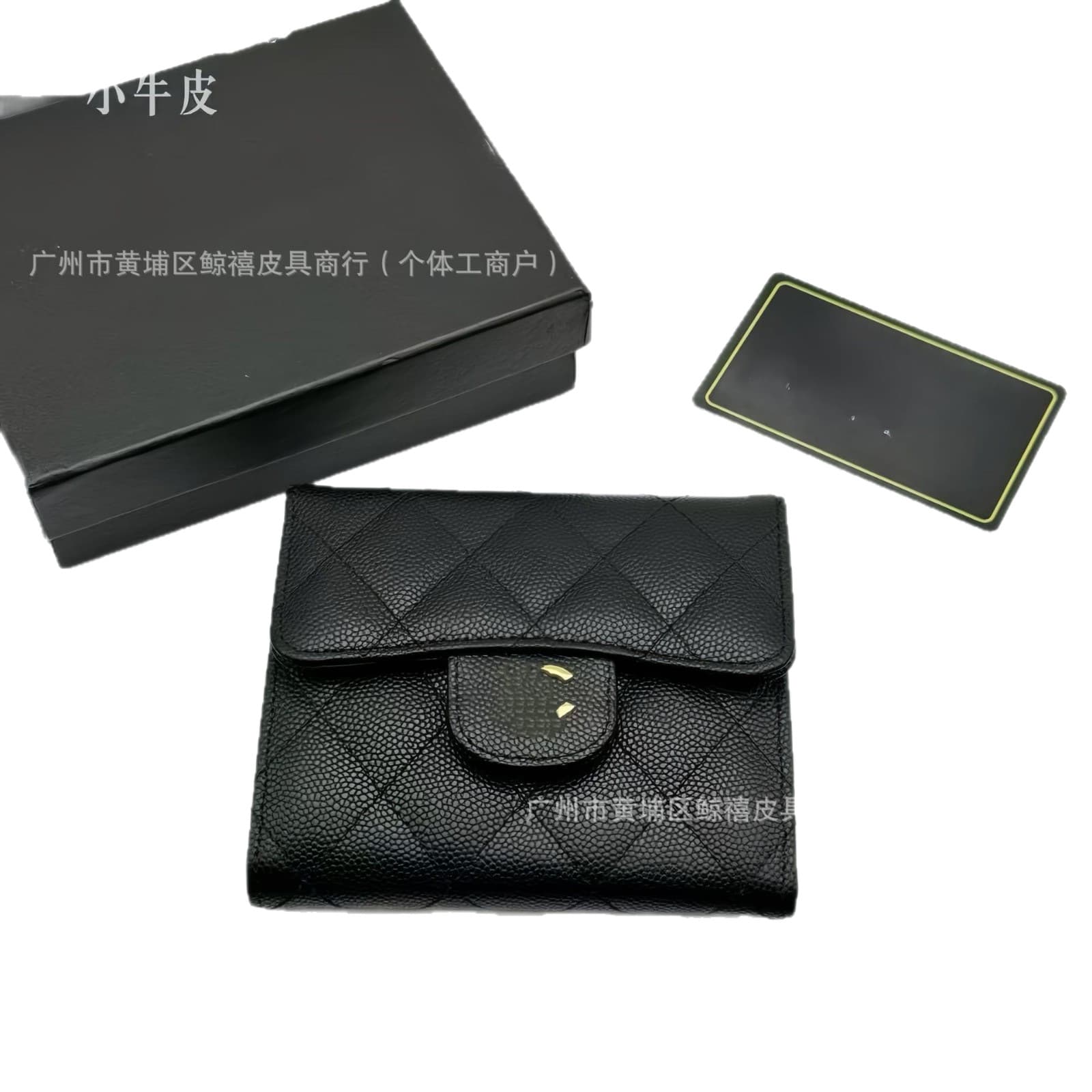 Lamb Leather CF Quilted Short Wallet Caviar Tri-Fold Wallet Coin Purse Genuine Leather Card Holder Multi-Function