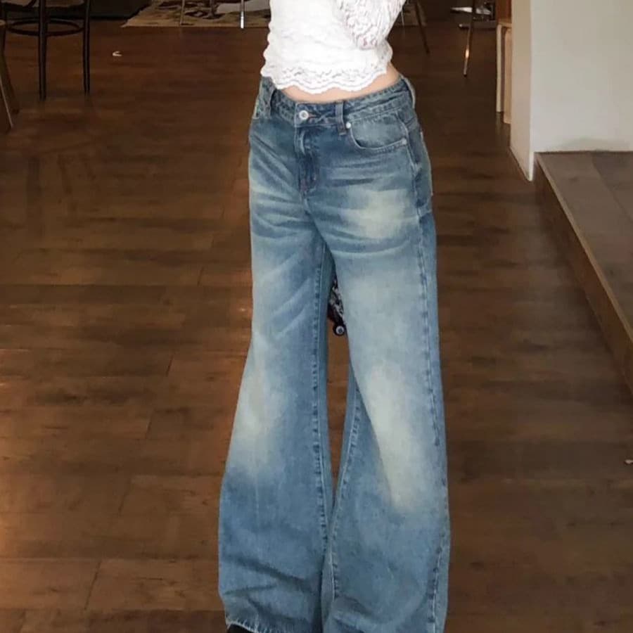American Vintage Distressed High-Waist Flared Jeans for Women, Korean Style Loose Slimming Straight-Leg Bell-Bottom Long Pants