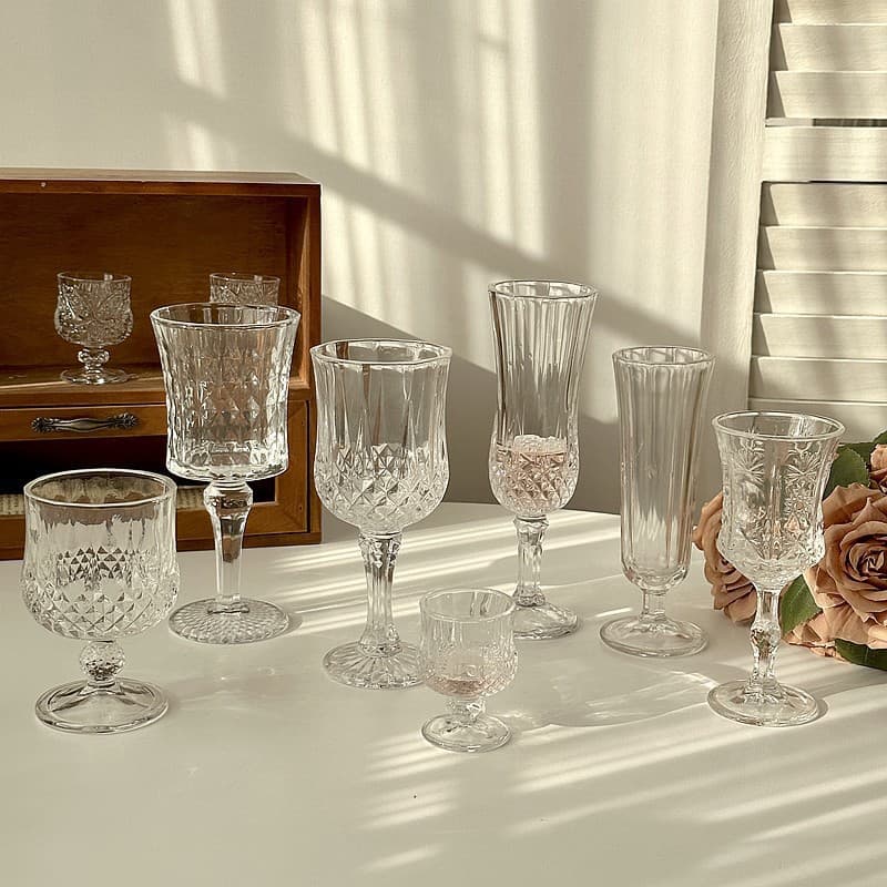 Ins Style Glass Embossed Champagne Glass Wine Goblet High Appearance Liquor Wine Glass Water Cup for Home