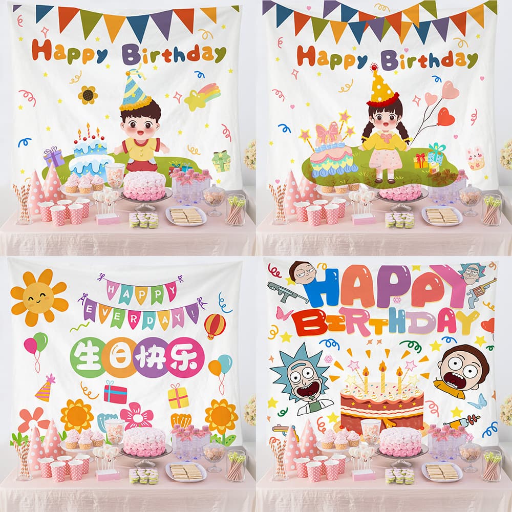 inHappy birthday background cloth new children's party decoration hanging cloth cartoon cute boy girl birthday wall cloth