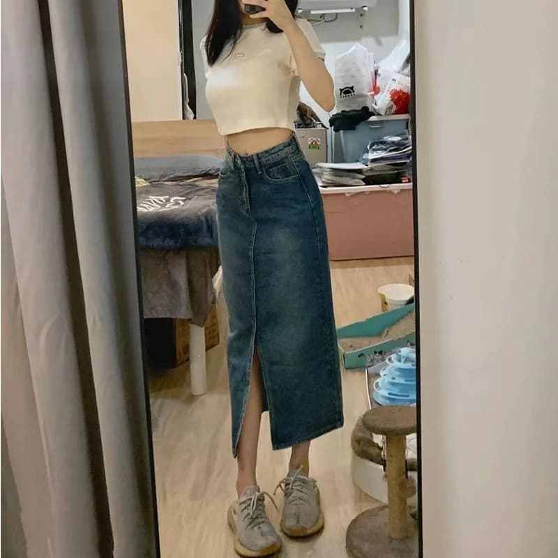 High Waist A-Line Denim Skirt Women Spring Summer Ins New Versatile Hot Girl Split Skirt Retro Mid-Long Skirt