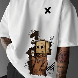 Men's Cotton Casual Loose Fit Graffiti Print Round Neck Short Sleeve T-Shirt