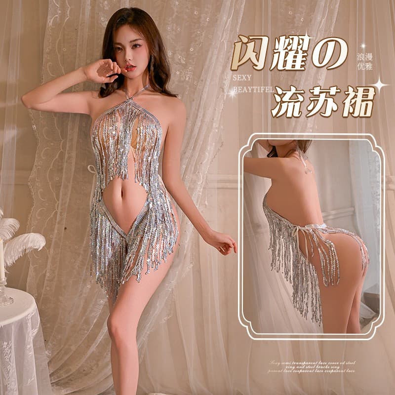 Sexy Sheer Lingerie Costume Nightclub Hollow Latin Dress Sequins Tassel Skirt Women Passionate Seduction Set