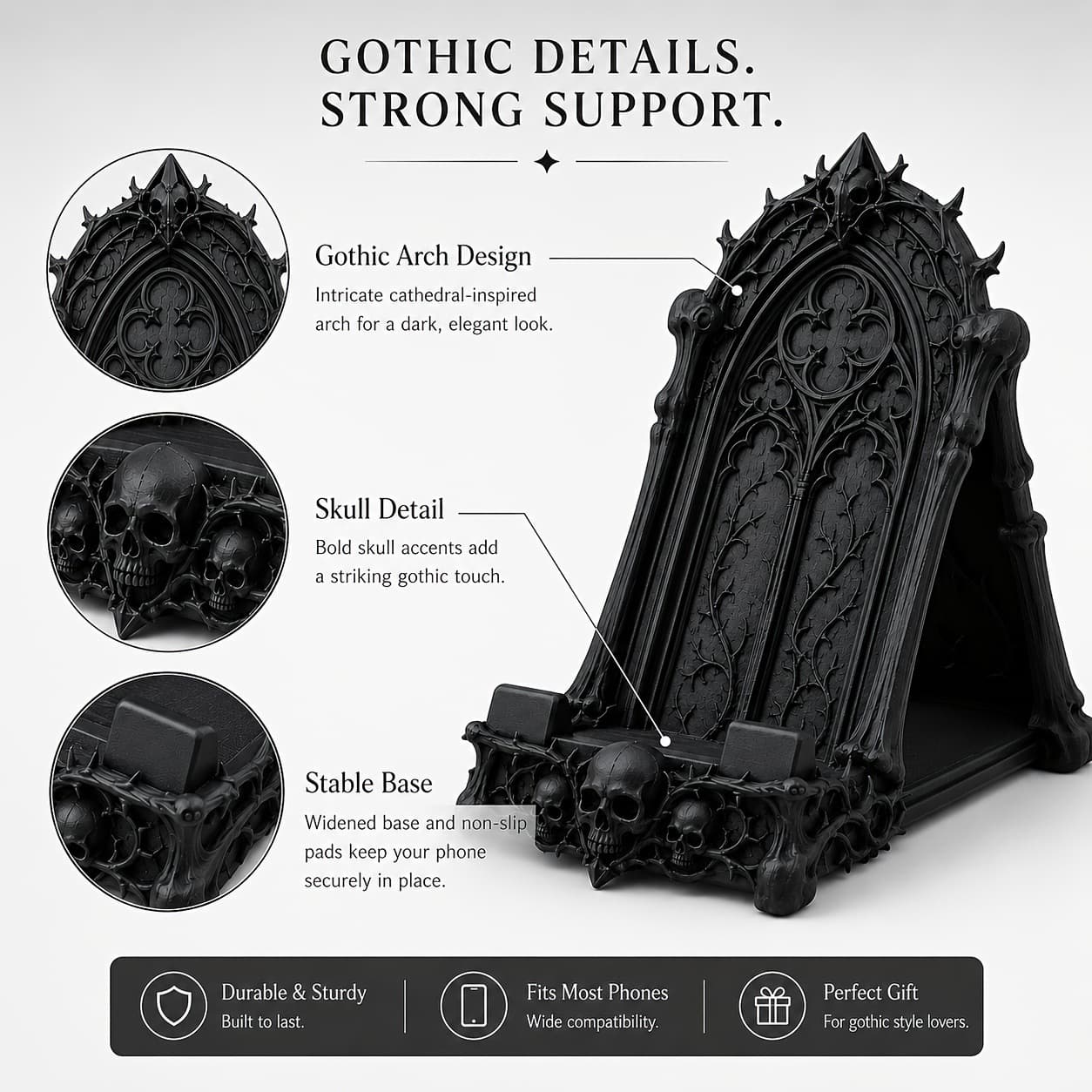 Gothic style skull and thorns shaped mobile phone holder black desktop decorative bracket home office desktop place