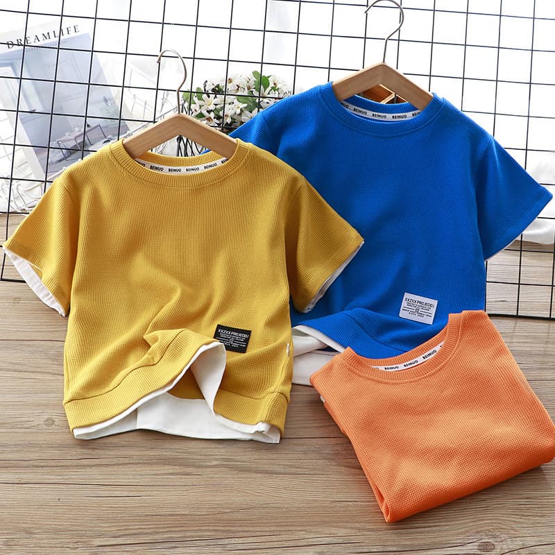Clearance Sale! Kids Summer T-Shirt Cotton Waffle Knit Layered Short Sleeve for Boys Korean Style