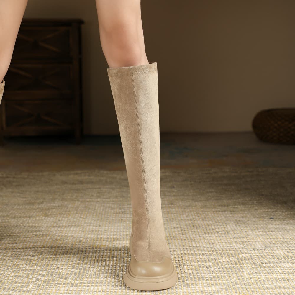 Women's Long Boots for Autumn and Winter, New Thick-Soled Elastic Knight Boots, Vintage Velvet Thick Heel High Boots, Slim Boots for Women