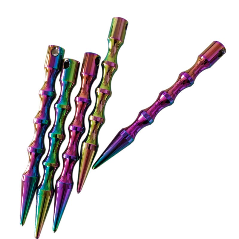 Pointed self-defense kubotans in various patterns, in stock, 6061 aviation aluminum, customizable with laser logo, no minimum order quantity