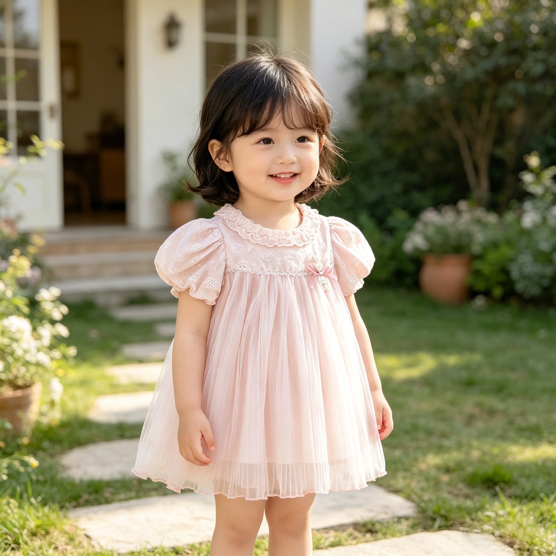 New Summer Kids Girls Dress Korean Style Lace Collar Puffy Princess Dress