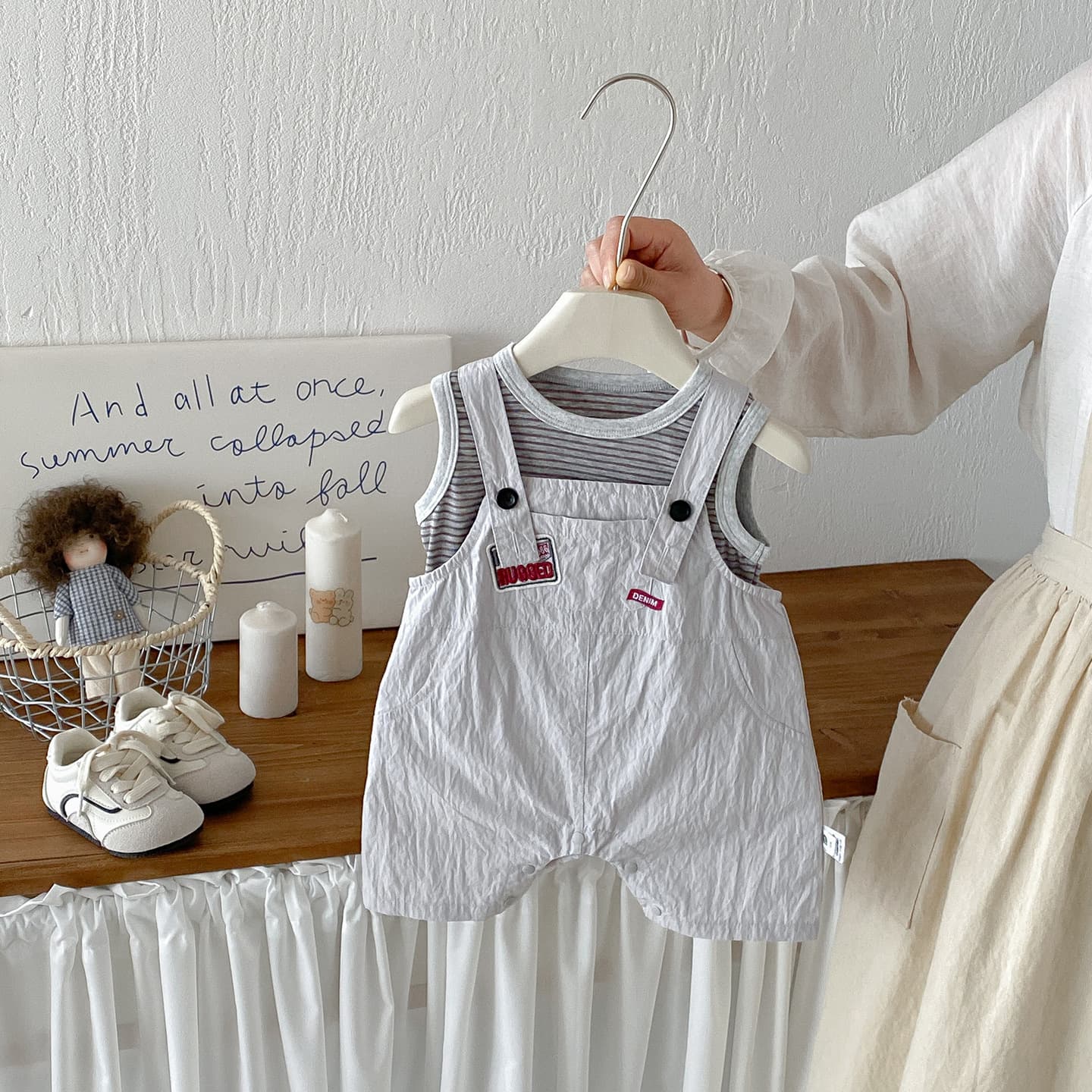 Dianxi infant and toddler Korean style simple overalls suit baby summer new striped vest jumpsuit two-piece set